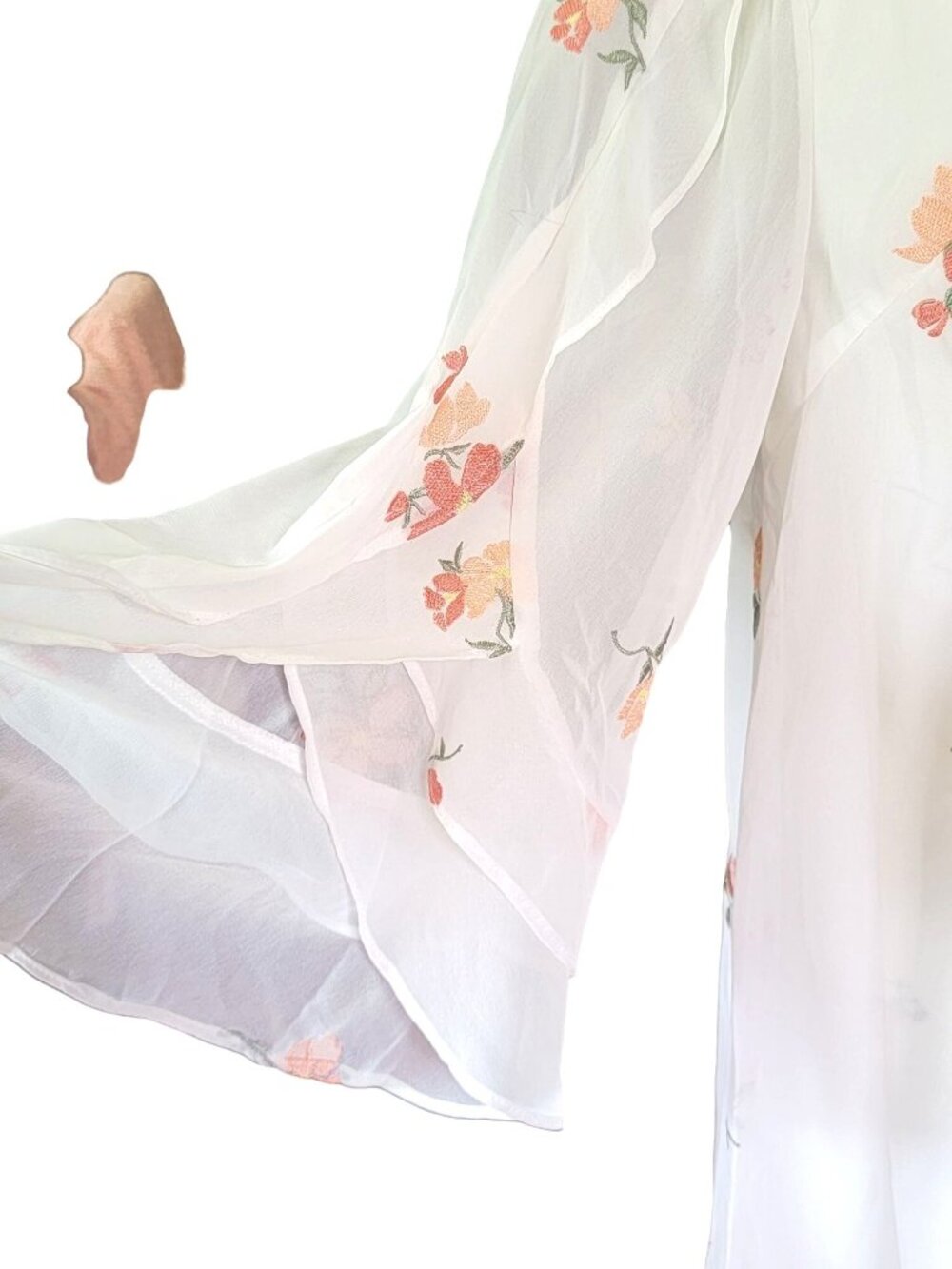 Loveriche Womens Mini Shift Dress LG White Pink Embroidered Floral Sheer Sleeve - Picture 10 of 13
